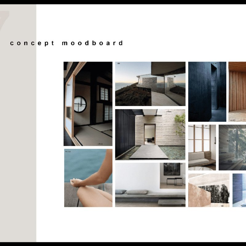 a moodboard of six images showing materials and textures in grey, nude, white and blue tones.