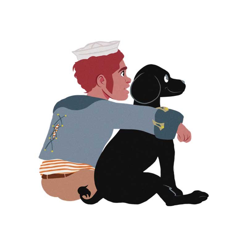 An illustration of a sailor and a dog