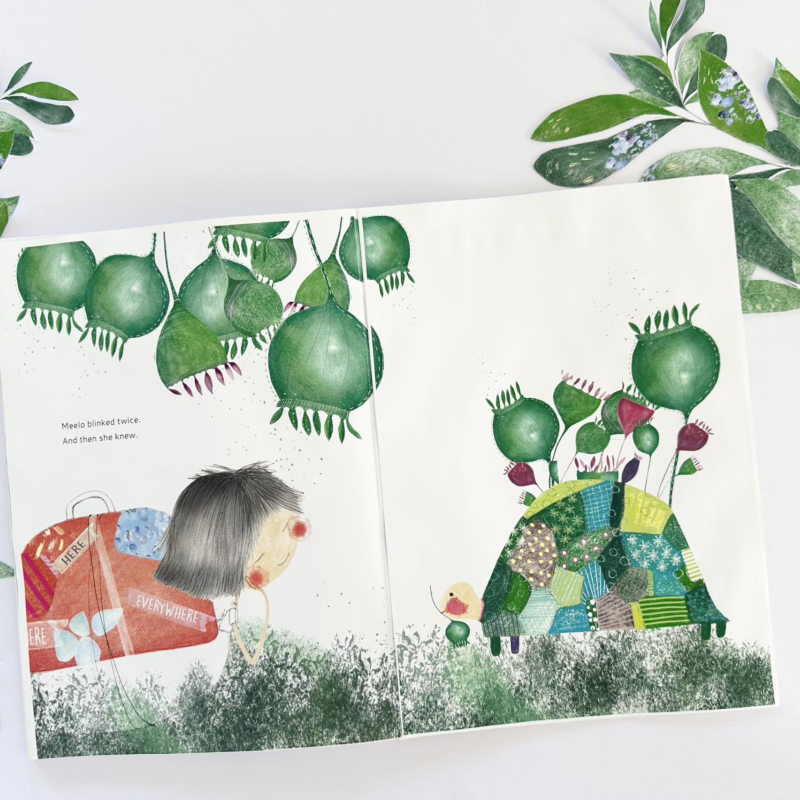 A book with illustrations of people and trees
