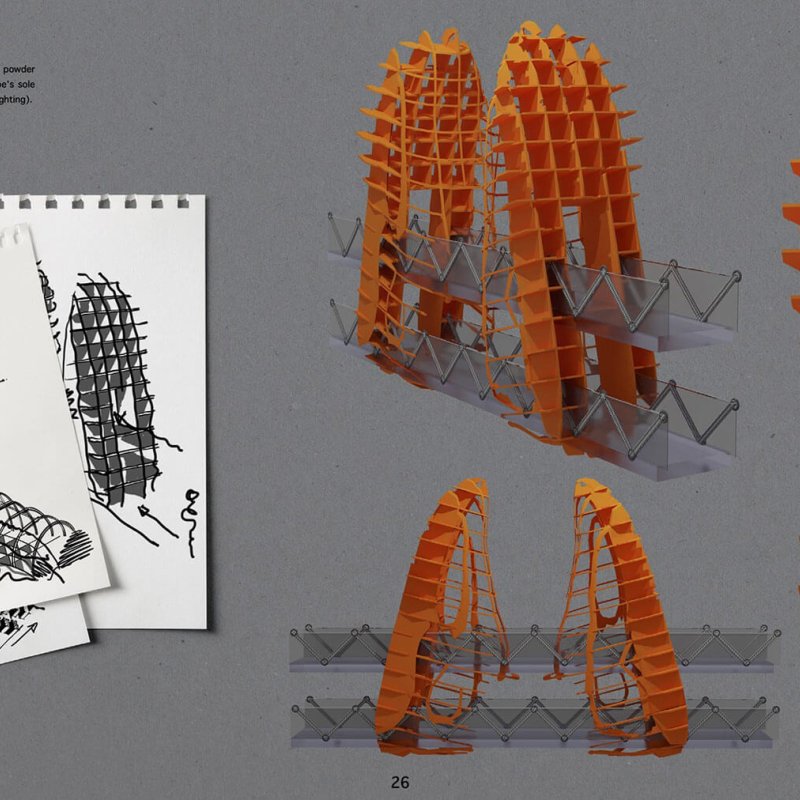 Interior design mockup of a bridge in orange and grey