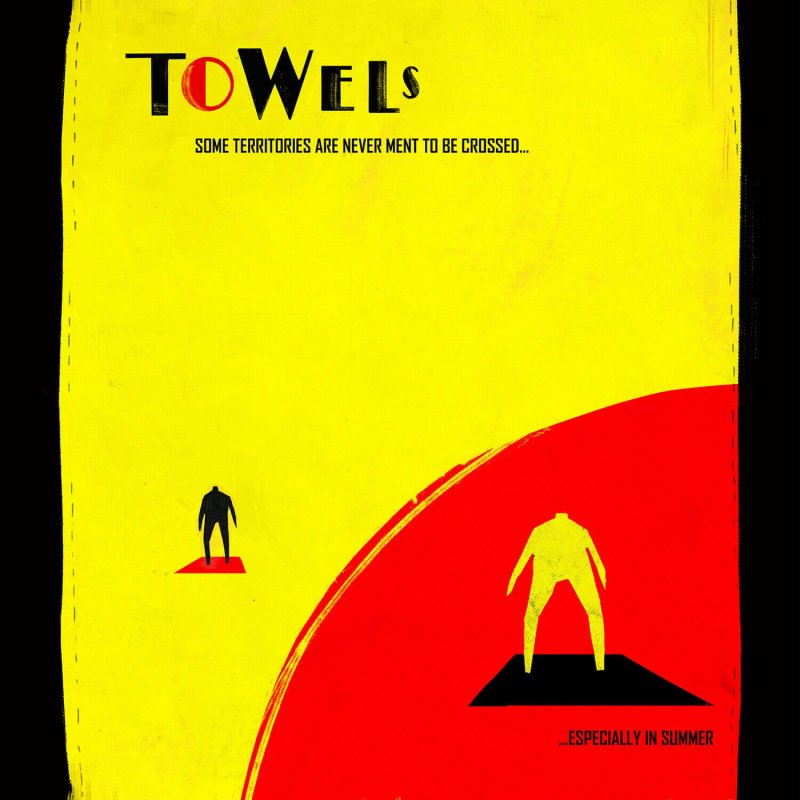 Poster artwork of a yellow background with a red semi circle and two silhouette figures